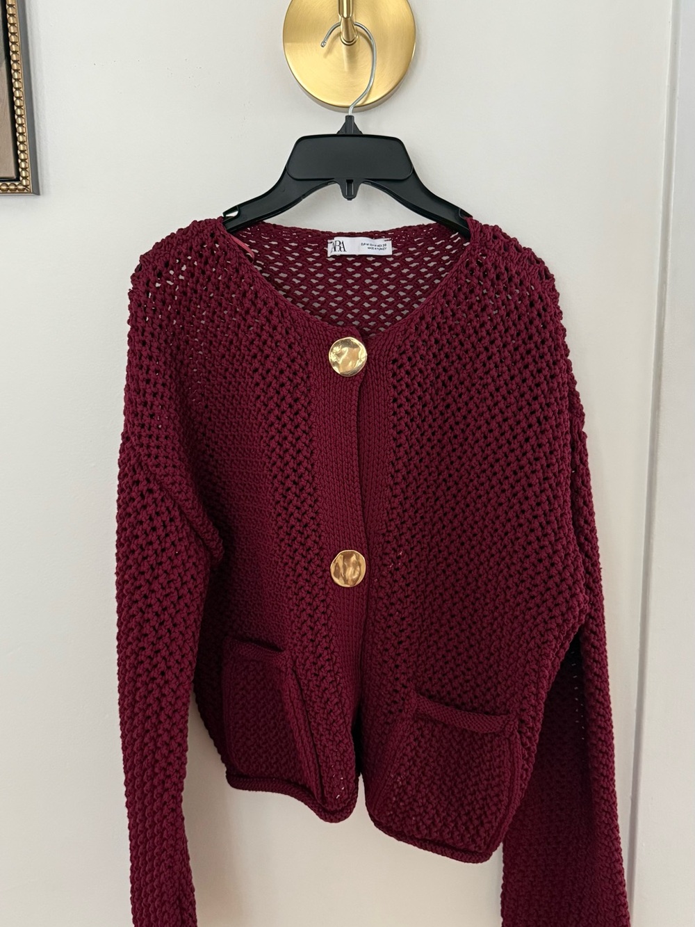 Zara Burgundy Textured Knit Cardigan with Gold Buttons